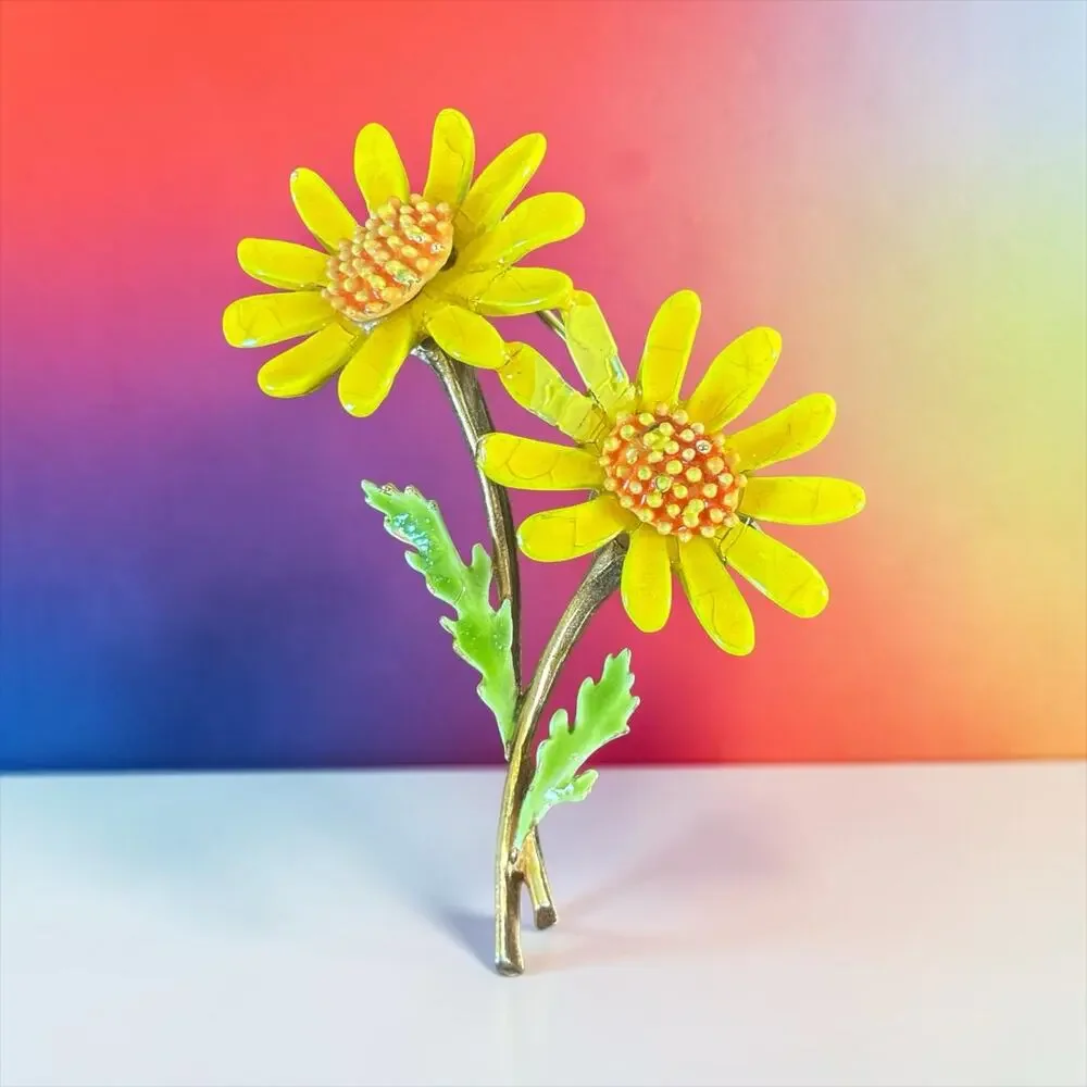Sunny Yellow Daisy Brooch Arthur Pepper Enamel Flower Pin Signed ART 60s Garden